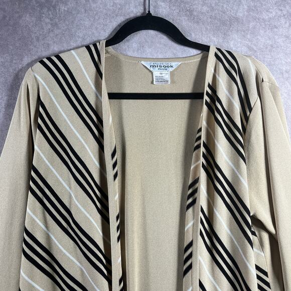 Exclusively Misook Cardigan Sweater Womens Medium Petite‎ Tan Striped Open Front - Picture 2 of 8
